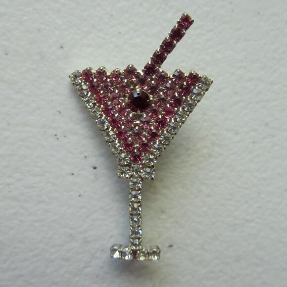 Martini Glass Vintage Pin White Pink Crystal Pin - Picture 6 of 7